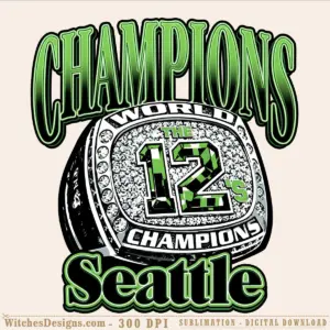 Seattle Seahawks png showing a championship ring with lime-green text, "The 12s" banner, and neon green accents on transparent background.