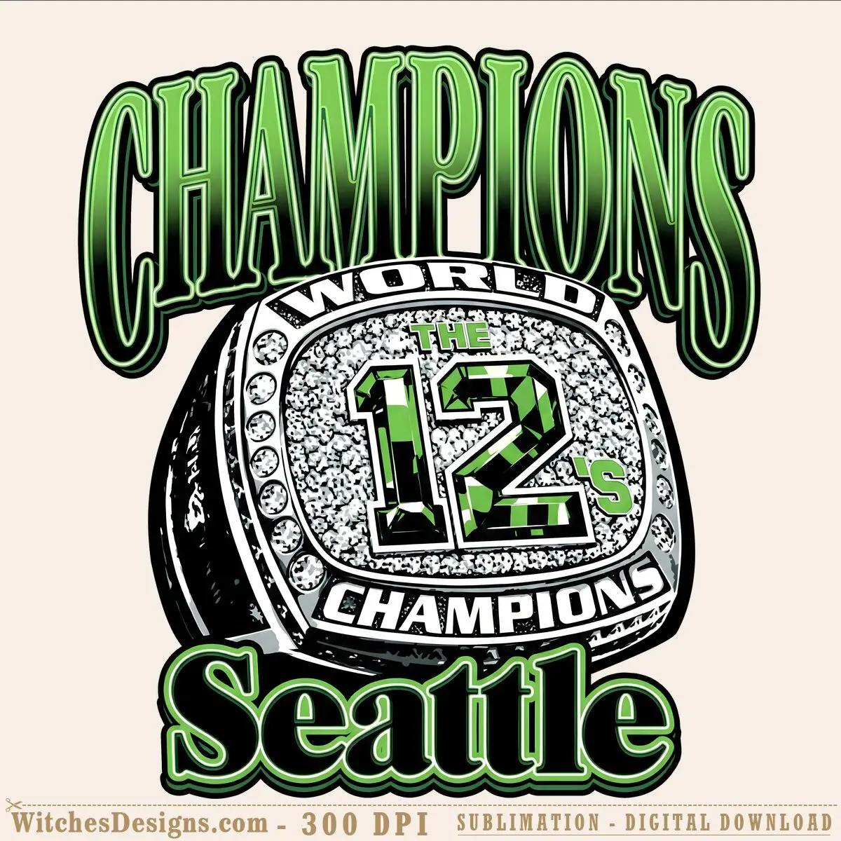 Seattle Seahawks png showing a championship ring with lime-green text, "The 12s" banner, and neon green accents on transparent background.