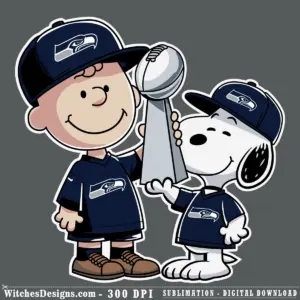Seattle Seahawks svg design featuring Charlie Brown and Snoopy in Seahawks jerseys holding the Super Bowl trophy