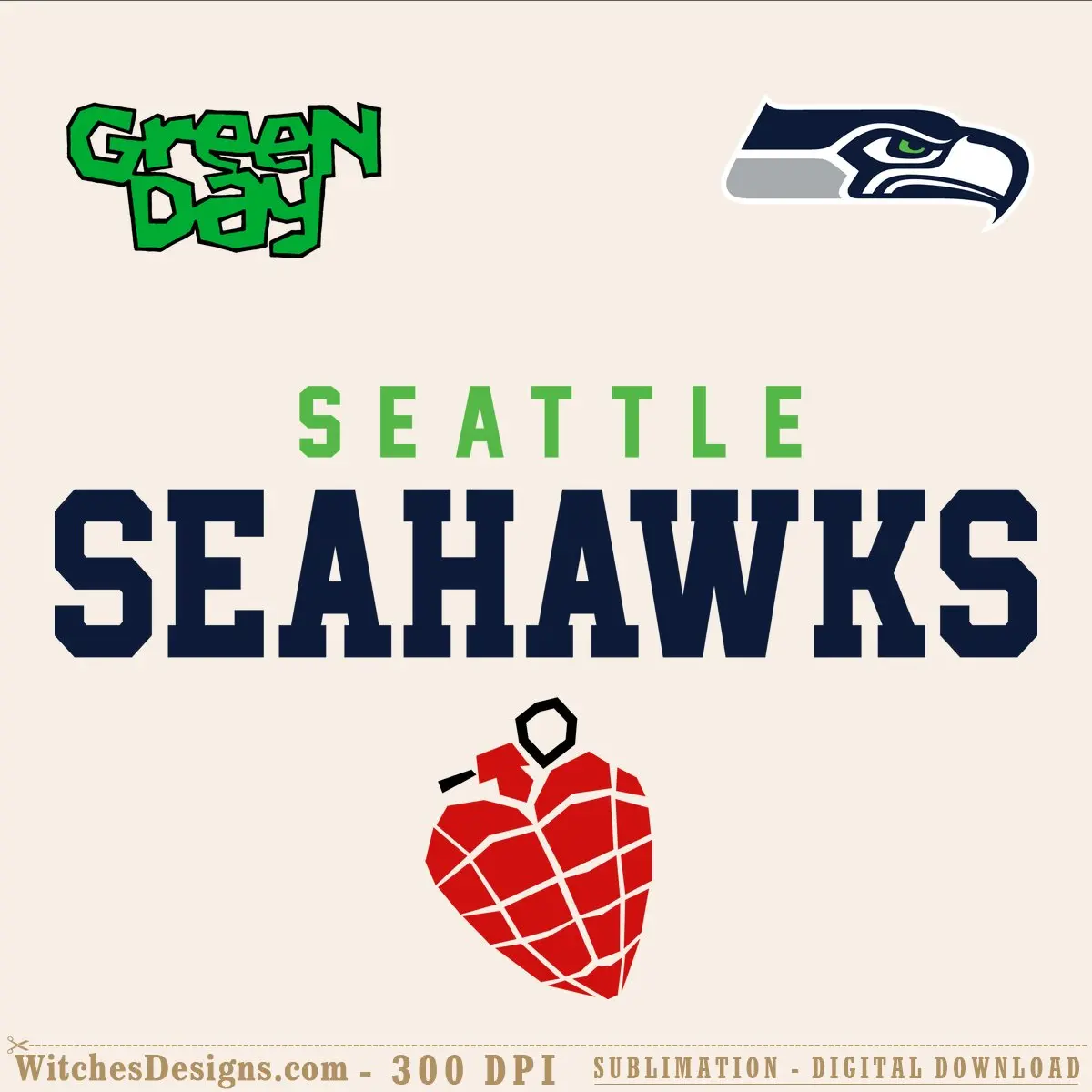 Seattle Seahawks svg design mashup with Green Day logo and apple graphic in navy, green, and red for Cricut Silhouette cutting