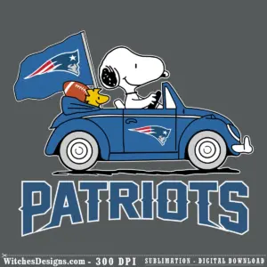 New England Patriots svg showing Snoopy and Woodstock in a blue convertible waving the Patriots flag