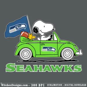 Snoopy and Woodstock Seahawks svg design showing Snoopy and Woodstock in a bright green convertible car holding a Seahawks flag, perfect for cutting and sublimation.