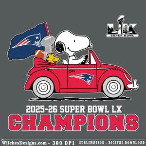Snoopy And Woodstock SVG showing the beloved cartoon characters in a red convertible waving a New England Patriots flag, holding the Super Bowl LX trophy, celebrating the Patriots championship.