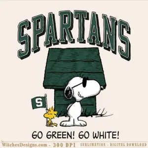 Spartans Go Green Go White png featuring Snoopy and Woodstock under green shed with Spartan flag and team spirit text