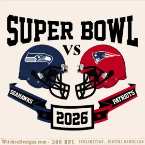 Super Bowl 2026 svg design showing Seattle Seahawks navy helmet on left and New England Patriots red helmet on right, divided by 'VS' text, with team name banners and 2026 date at bottom