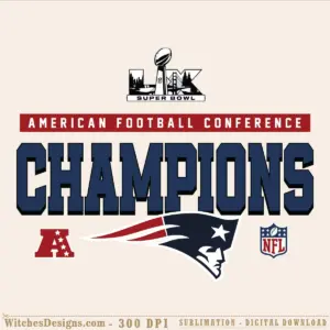Super Bowl LX AFC Champions svg design featuring New England Patriots logo, Lombardi Trophy, and city skyline in navy, red, and white