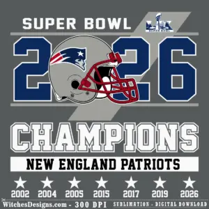 New England Patriots svg design featuring helmet and Super Bowl LX 2026 trophy with layered navy and silver artwork.