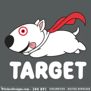 Target bullseye dog svg wearing a red flowing cape, shown in full-body profile with red and white bullseye eye detail