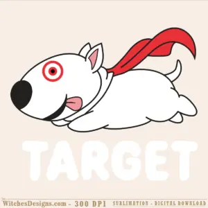 Target bullseye dog svg wearing a red flowing cape, shown in full-body profile with red and white bullseye eye detail