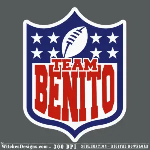 Team Benito svg design featuring a white football and ten stars on navy blue shield with red bold text banner for NFL fans