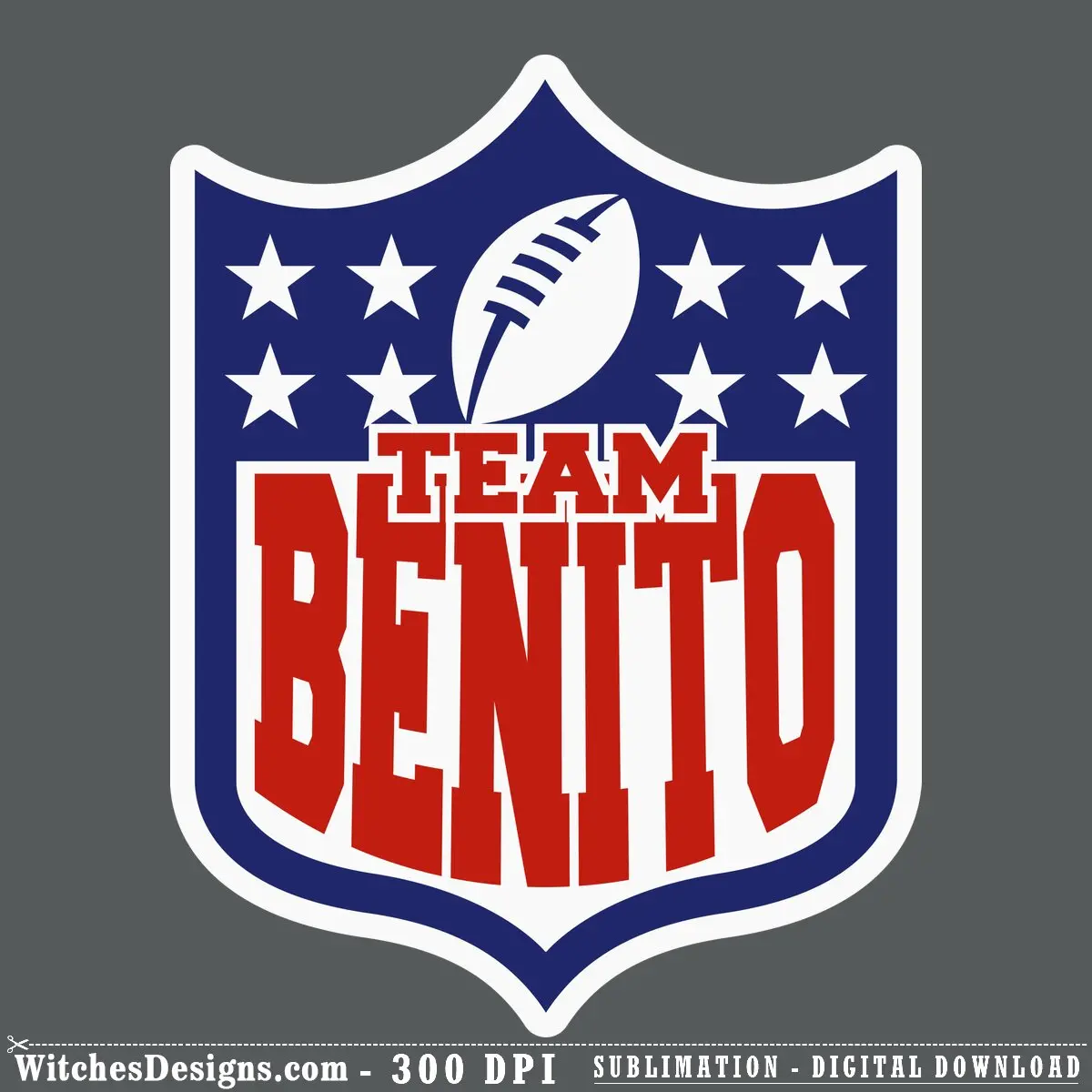 Team Benito svg design featuring a white football and ten stars on navy blue shield with red bold text banner for NFL fans