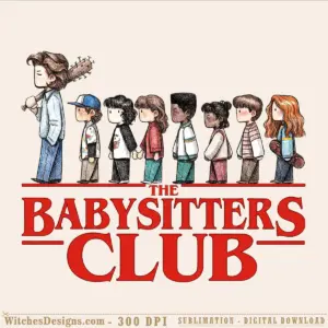 The Baby Sitters Club png clipart showing all eight main characters in cartoon style, standing in a line with warm colors and hand-drawn detail on transparent background.
