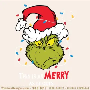 Grinch svg design wearing a red Santa hat with white fluffy beard, yellow eyes, and festive colorful confetti scattered around, with 'MERRY' text below