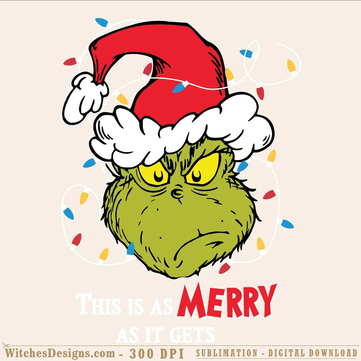 Grinch svg design wearing a red Santa hat with white fluffy beard, yellow eyes, and festive colorful confetti scattered around, with 'MERRY' text below
