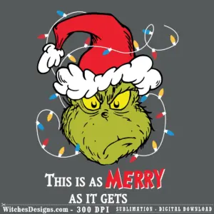 Grinch svg design wearing a red Santa hat with white fluffy beard, yellow eyes, and festive colorful confetti scattered around, with 'MERRY' text below