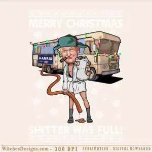 Trump png clipart showing caricatured Trump in Santa outfit holding mug in front of decorated RV with holiday lights