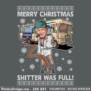 Trump png clipart showing caricatured Trump in Santa outfit holding mug in front of decorated RV with holiday lights