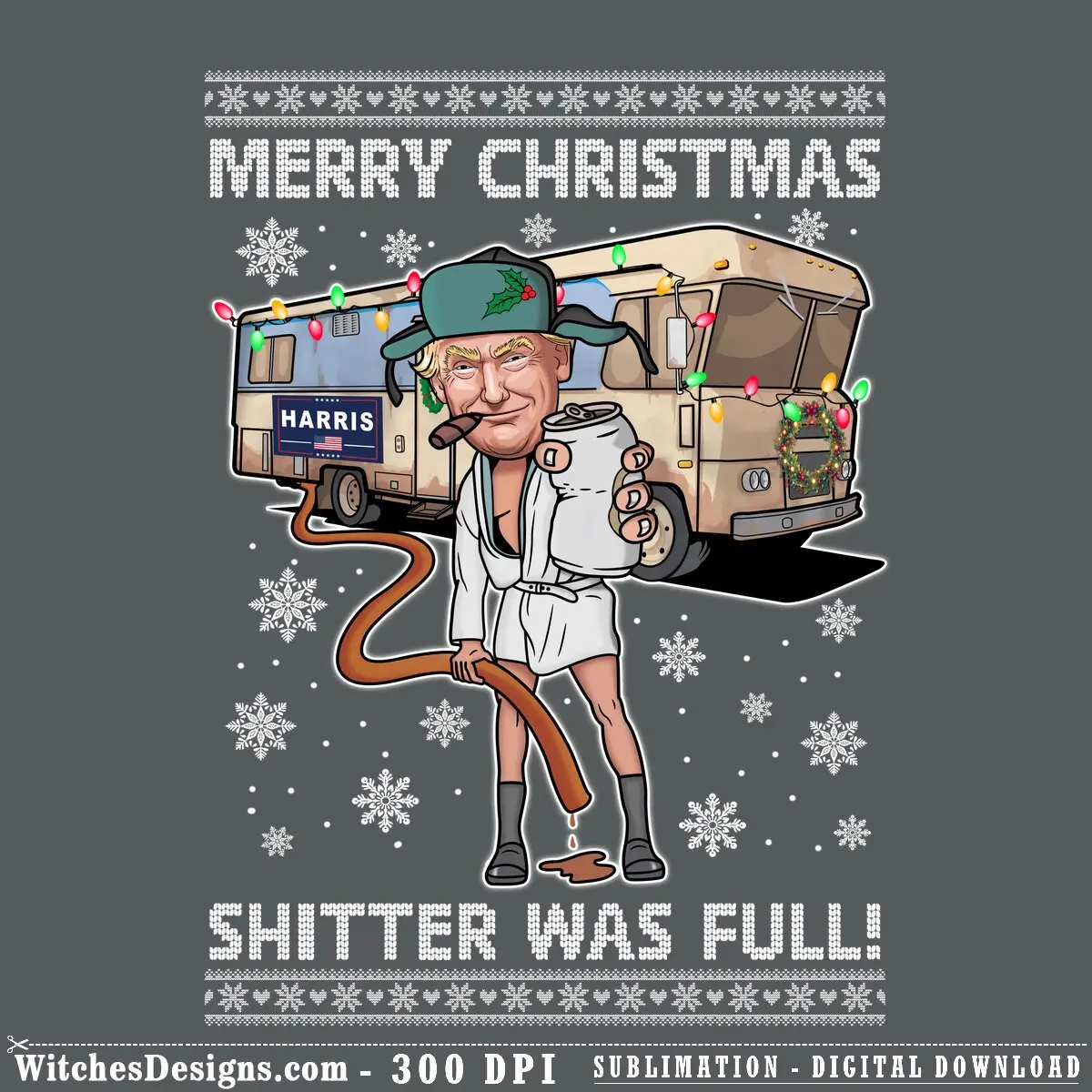 Trump png clipart showing caricatured Trump in Santa outfit holding mug in front of decorated RV with holiday lights