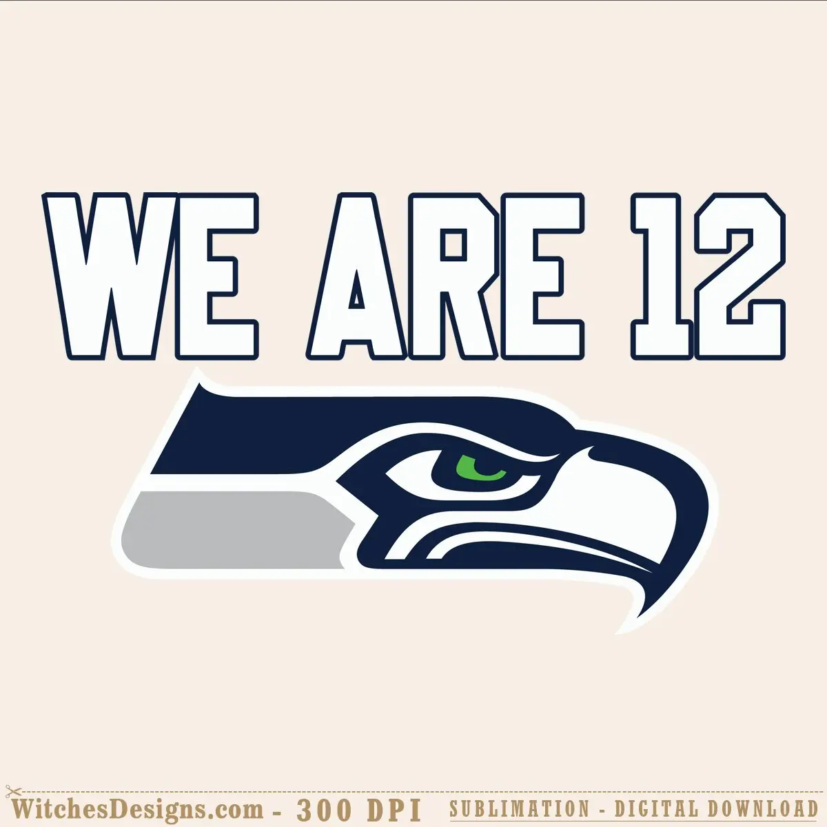 We are 12 Seattle Seahawks SVG showing the team's iconic navy eagle head logo with green eye and bold outlined text.