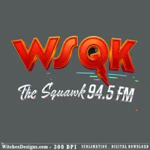 WSQK 94.5 FM png graphic featuring bold red letters with orange border and lightning bolt, Stranger Things Season 5 style, transparent background